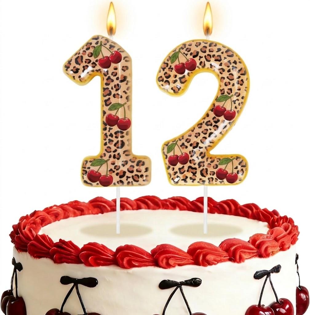 Cheetah Cherry Birthday Number Candles Y2K Cherry Leopard Cake Topper Red Cheetah Print Red Black Leopard Print Birthday Candle for Girls Women Birthday (Number 1 And 2)
