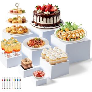 Nestable Buffet Risers - 8 Pcs White Acrylic Food Risers with Signs & Markers Sturdy Dessert Table Display Stands for Parties, Catering, Jewelry & Collectibles (Easy-Store Stackable Cubes: 10'',9'',8", 7", 6", 5", 4", 3")