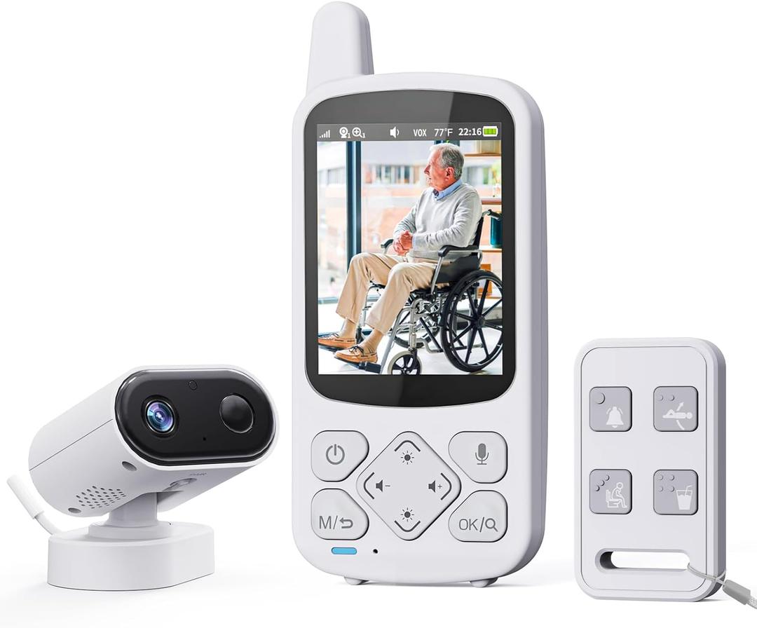 Elderly Monitor with Camera and Audio, 2-Way Talk Room Monitors for Elderly, Call Button, Med Reminder, Temp Monitoring, Night Vision, Pan-Tilt-Zoom Video Monitor for Elderly Care & Caregivers/No WiFi