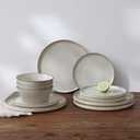 Famiware Annecy Plates and Bowls Sets, Stoneware Dinnerware Sets for 4, 12 Pieces Dish Set with Lipped Edges, Chip and Scratch Resistant, Microwave and Dishwasher Safe, Grey-White