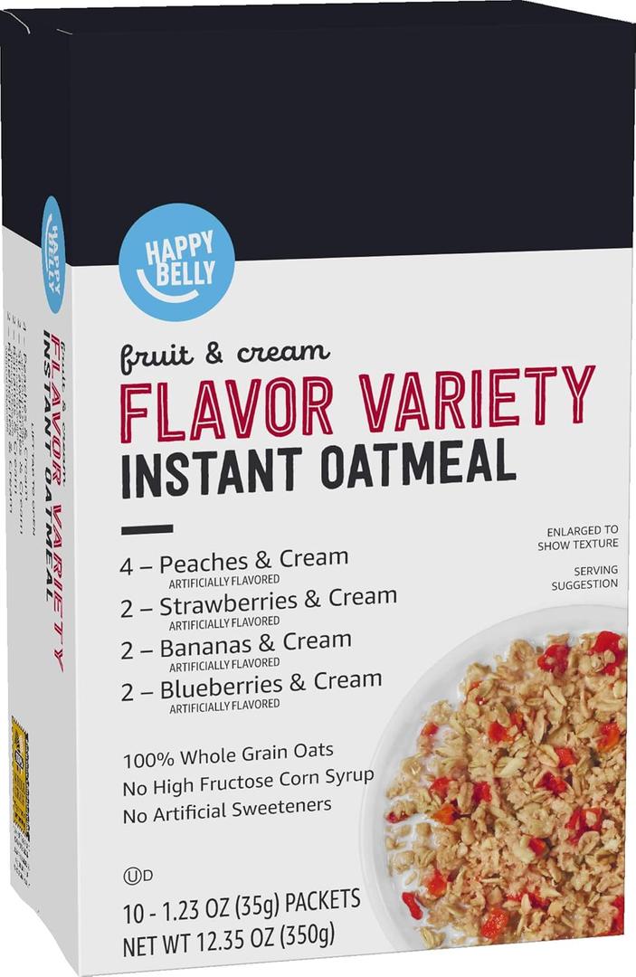 Amazon Brand - Happy Belly Instant Oatmeal, Fruit & Cream Variety Pack, 1.23 ounce (Pack of 10) BB 6/17/26