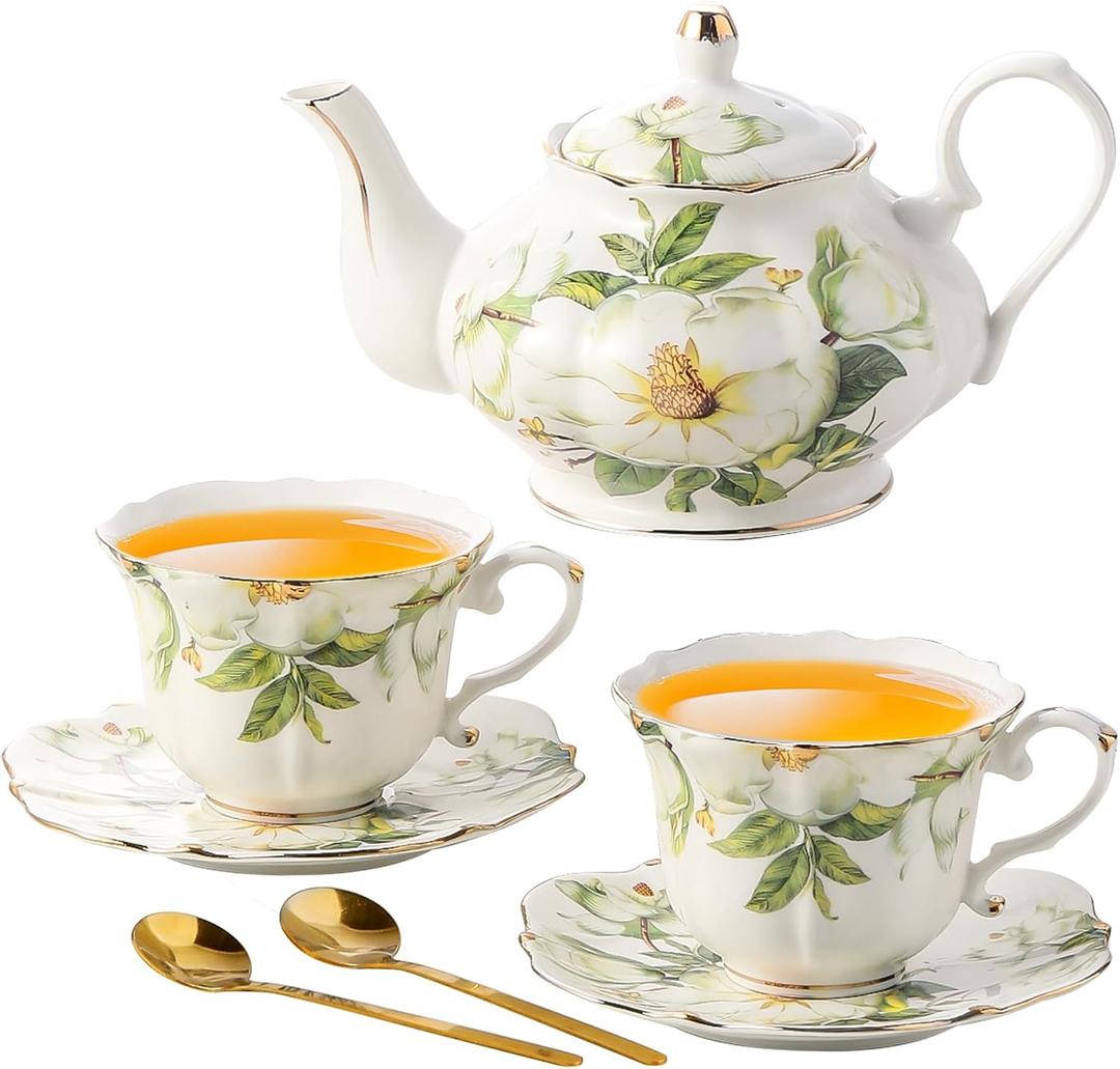 TATSUMI Country Roses Porcelain Tea Set, European Ceramic tea set for one or two,Vintage Style, For Women and Tea Parties (Green, 7 Pieces Set)