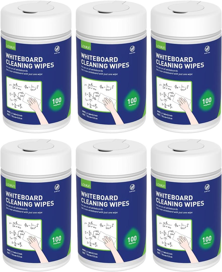 Loukin Whiteboard Cleaning Wipes, Dry Erase Board Cleaning Wipes, Non-toxic White board Wipes, 100 Wipes per Canister, 6 Pack
