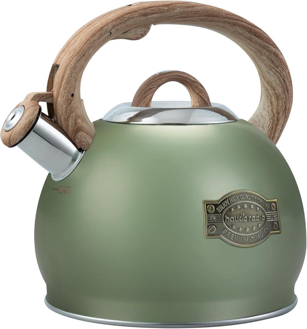 Tea Kettle Stovetop, 2.7 Quart Stove Top Whistling Tea Kettle, Teapot Kettles with Food Grade Stainless Steel and Wood Pattern Handle, Suitable for All Heat Sources (Green)