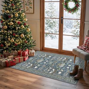 Washable 2x4 Entryway Area Rugs: Anti-Slip Thin Kitchen Carpet Indoor Light-Weight Doormat Ultra Soft Low Pile Nursery Room Rug Vintage Small Floor Mat for Hardwood Bedroom (2x4,Floral/Blue)