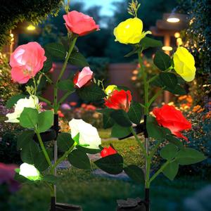 Garden 4 Pack LED Solar Flower Lights with More Realistic Rose Flowers Solar Garden Lights Outdoor Waterproof for Yard Patio Lawn Pathway Walkway Decoration 4-Pack Yellow & Pink & Red & White Combo