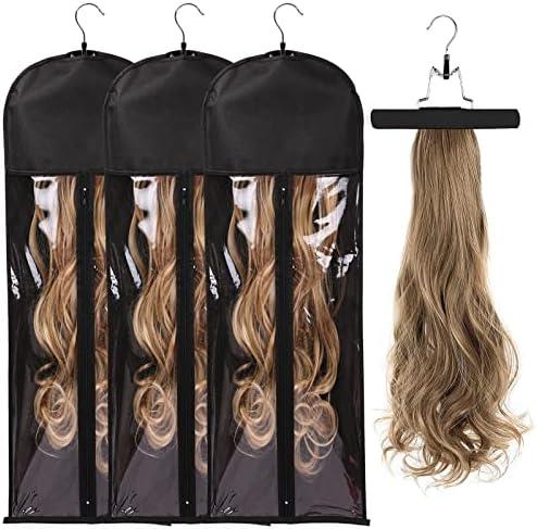 1PCS Extra Long Hair Extension Storage Bag Hairpieces Storage Holder with Wooden Hanger Dust-proof Portable Suit with Transparent Zip Up Closure- Light weight, Waterproof and Portable (Black)