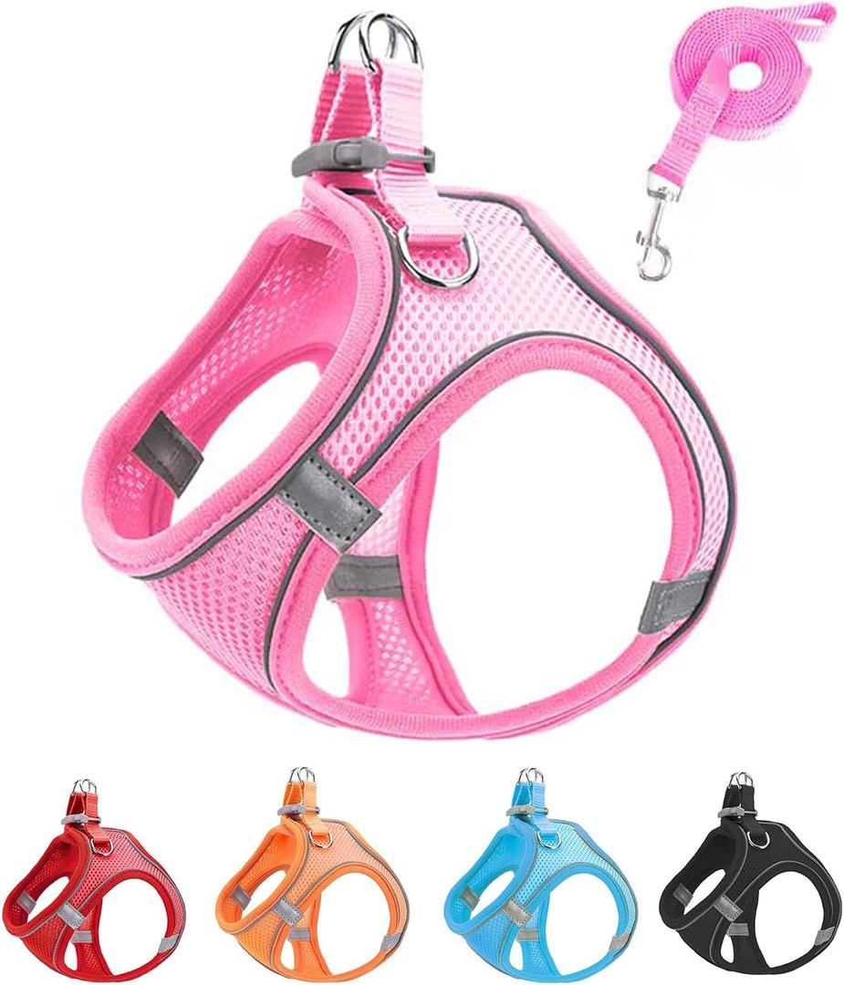 Soft Mesh Dog Harness and Leash Set,No Escape Puppy Harnesses for Training Walking， Reflective Adjustable Puppy Vest for Small Medium Dogs, Cats (Pink, XXXS)
