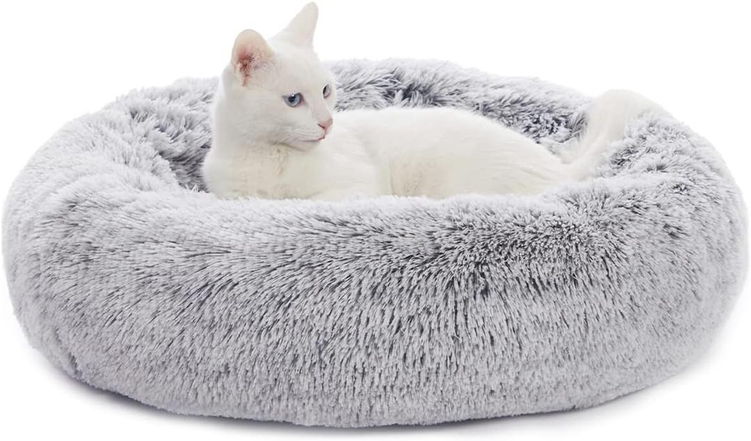 Bedfolks Calming Donut Dog Bed for Small Dogs & Cats, 23 Inches Round, Machine Washable, Anti-Anxiety Plush Bed (Dark Grey, Small) (23.0"L x 23.0"W x 7.0"Th, Dark Grey)