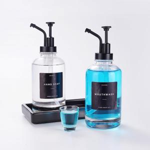 Molimoli Hand Bathroom Soap Dispenser Set, Glass Mouthwash Dispenser for Bathroom, Dish Soap Dispenser for Kitchen Sink, Soap Dispenser Pump, 500ml/16.9 Oz, Set of 2, Black