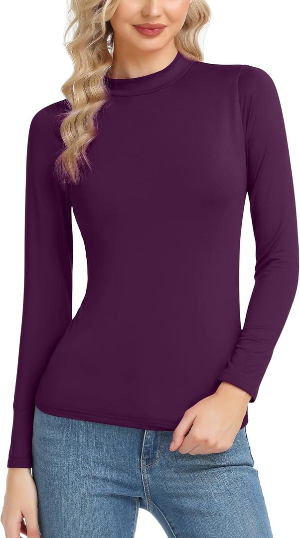 Women's Basic Long Sleeve Thermal Top Lightweight Mock Neck Shirts Slim Fit Layer Soft Top (Medium, Purple)
