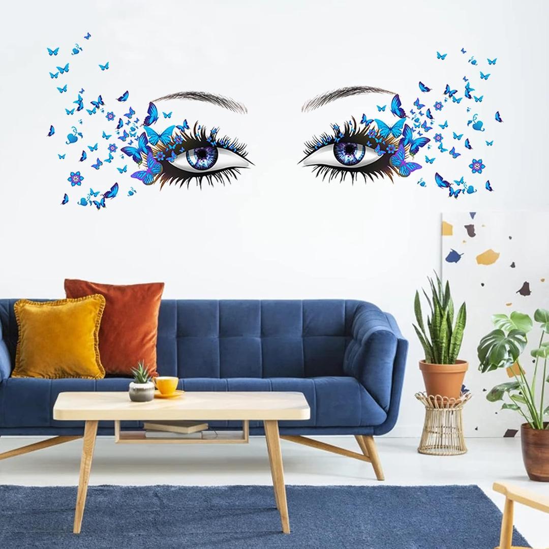 Blue Eyelash Eyes Wall Stickers - 4 Sheets, Premium Matte Vinyl, Butterfly Decals, Waterproof, for Women Girls Bedroom Living Room Decoration