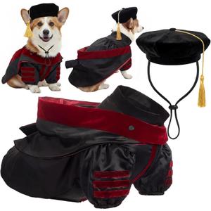 Huhumy 3 Pcs Dog Cat Graduation Doctoral Costume Set, 2026 Pet Phd Graduation Cap and Deluxe Doctoral Gown with Hood Side Tam Puppy Kitty Dogs Grad Holiday Party Costume Accessory(Red,L)