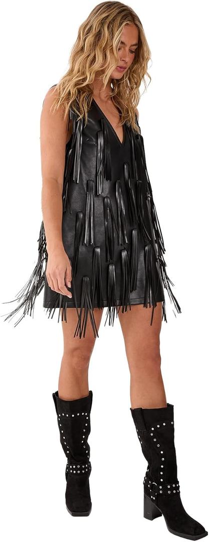 Nasty Gal Faux Leather Tassel Plunge Mini Dress (14, Black)