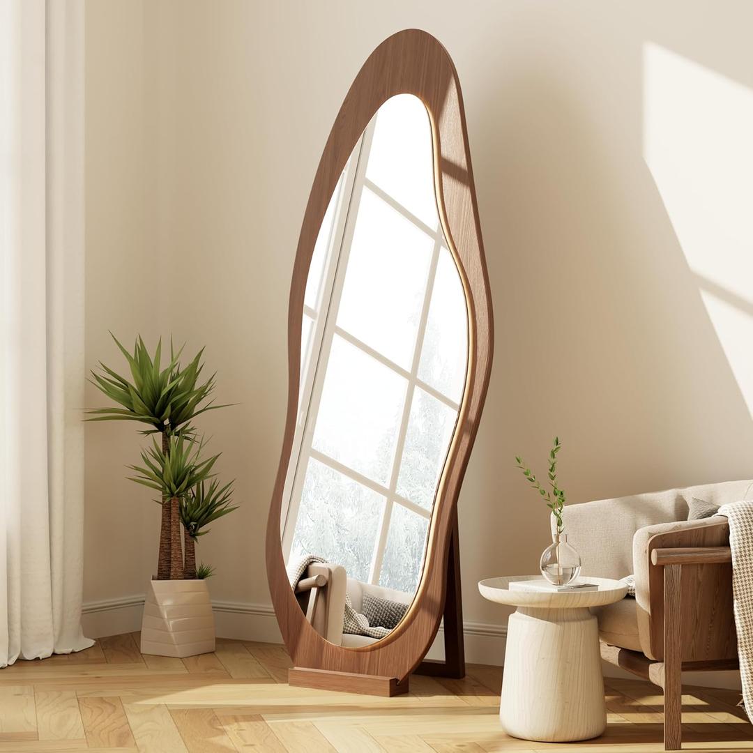 WoodsWhisper 69"x 24" Wavy Mirror Full Length,Lights Irregular led Full Length Mirror, Wavy Wall Mirrors,Shatter-Proof Hanging or Leaning Against Wall for Cloakroom/Bedroom/Living Room,Walnut