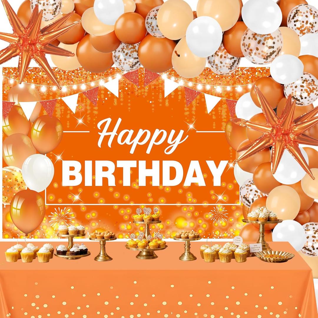 62pcs Orange Birthday Decorations Orange Happy Birthday Banner Balloons Arch Kit Star Foil Balloons Backdrop Tablecloth Halloween Fall Thanksgiving Birth day Decoration Supplies