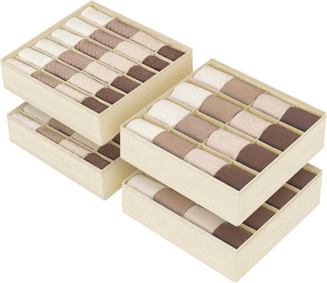 DIMJ Sock Organizer Drawer Organizer - Closet Organization and Storage, Underwear Drawer Organizer for Storing Socks, Handkerchiefs, Ties, Belts, Beige (Set of 4)