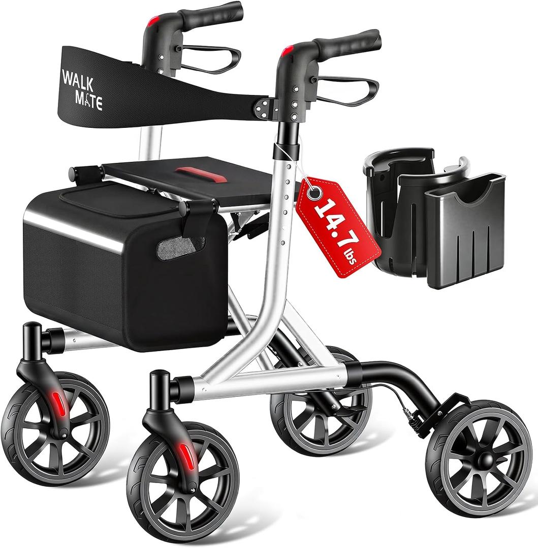 WALK MATE Rollator Walker for Seniors with Cup Holder, Upgraded Thumb Press Button for Height Adjustment, 8 Inch Wheels Walker with Seat Folding 14.7lb Lightweight Walking Aid, 300 lb Capacity, Silver