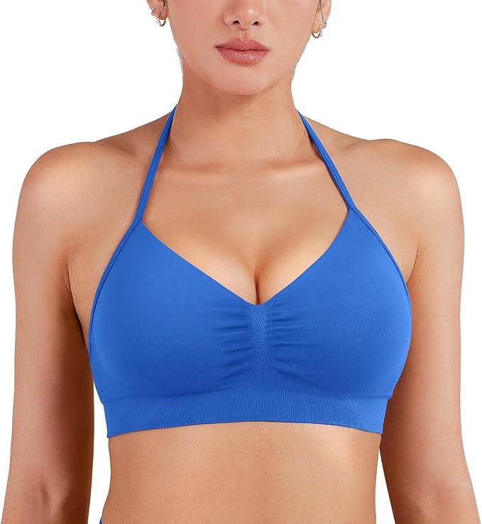 YEOREO SoftHue Women Halter Sports Bra Impact Longline Strappy Bra V Neck Padded Open Back Workout Gym Crop Top (L)