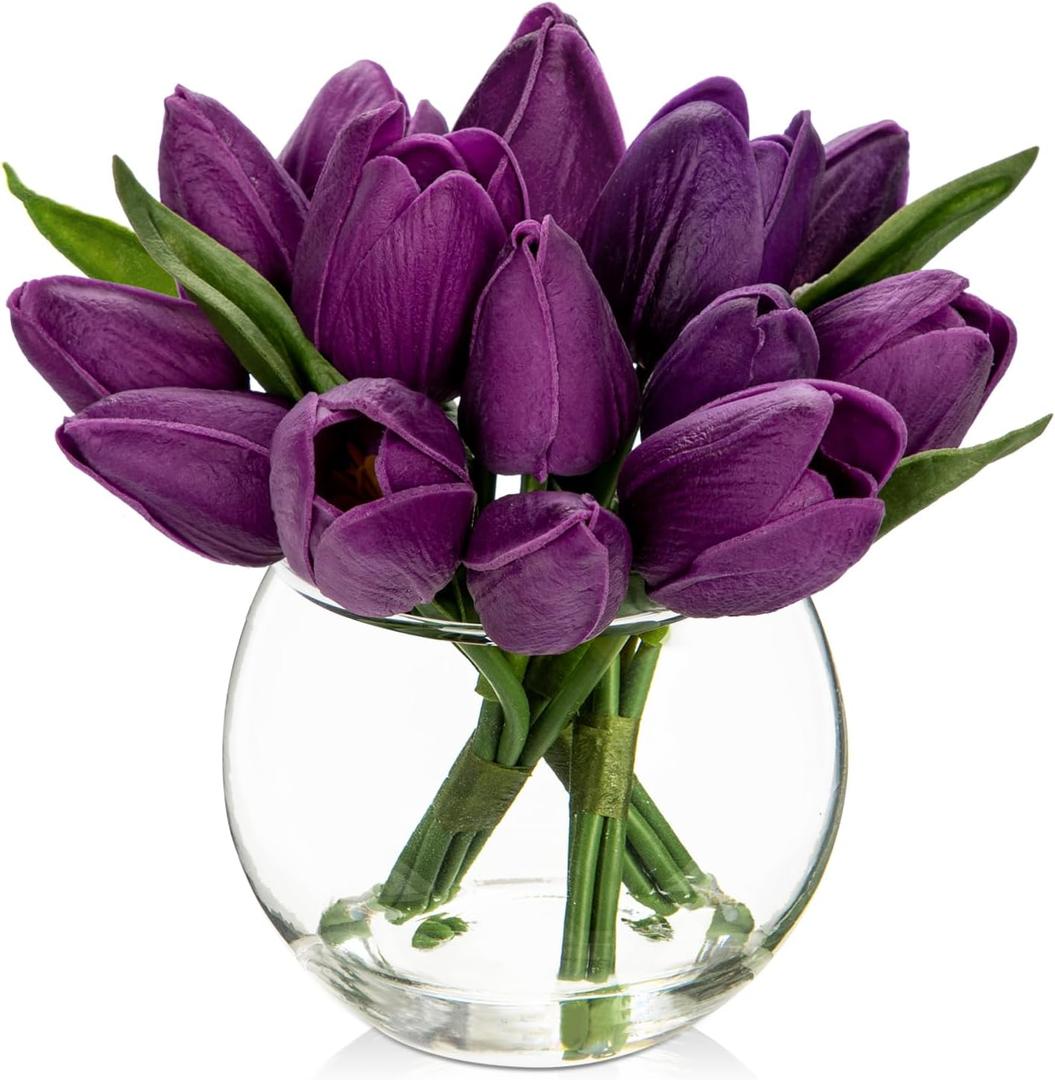 DILATATA Artificial Purple Tulips in Vase with Faux Water 6" Real Touch Flowers Fake Tulips Small Flowers Arrangement in Round Glass Vase for Mother's Day Table Centerpiece Wedding Home Decor