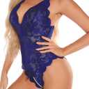 Women One Piece Lingerie Sexy Teddy V Neck Bodysuit Lace Nightie (Blue, XL)
