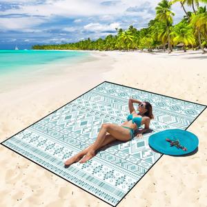 Beach Blanket Waterproof Sandproof Beach Mat 79" X 83"/10'x9'for 2-8 Adults Quick Drying Outdoor Picnic Mat Beach Accessories for Travel, Camping, Hiking (Boho Style Green)