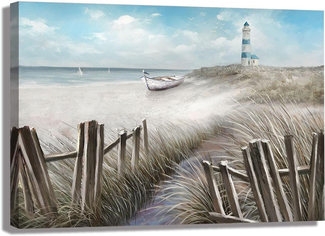 LAIART Canvas Wall Art Ocean Seascape Blue Painting Prints Modern Lighthouse Pictures Framed for Bedroom Bathroom Living Room Home Office Decor (16x24 in) (beach1)