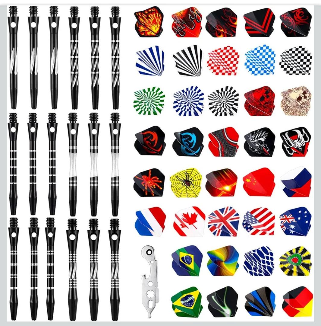 Leitee 30 Pcs Aluminum Dart Shafts for Steel Tip 50 mm 53 mm Dart Stems Accessories with 30 Rubber Rings 120 Replacement Flights and 1 Wrench for Outdoor Indoor Sports