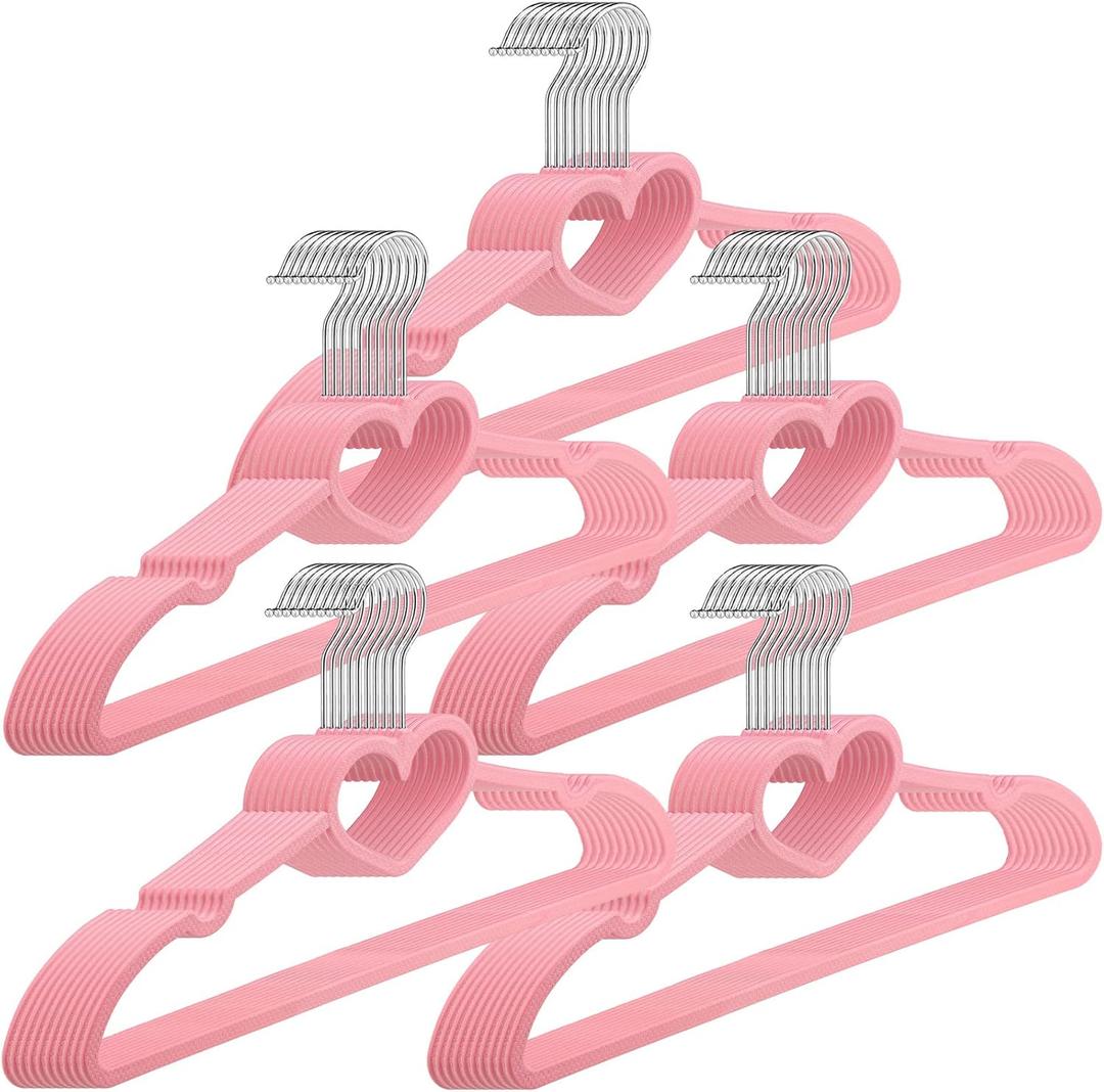 Qunclay 50 Pcs Pink Plastic Heart Hangers with 360 Degree Swivel Hook, Heavy Duty Sturdy Heart Clothes Coat Hanger, Cute Kawaii Room Decor for Adult Women, Space Saving with No Hanger Mark