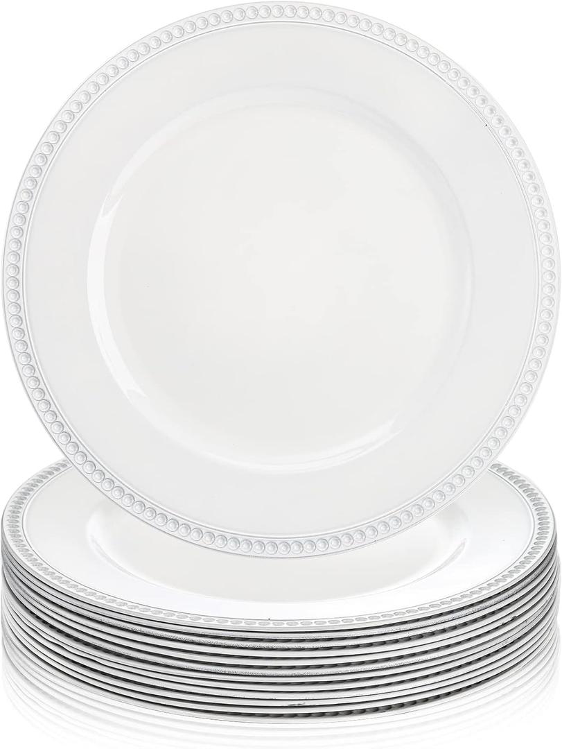 Okllen 12 Pack Plastic Round Charger Plates, 13" Dinner Chargers Decorative Plates with Beaded Rim, Embossed Charger Serving Plates for Wedding, Catering Event, Tabletop Decor, White