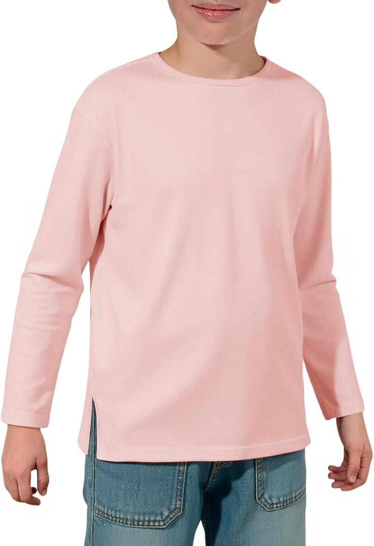 Haloumoning Boys Long Sleeve Shirts Kids Crewneck T-Shirts Casual Split Hem Fall Tops Tees 5-14 Years (Pink)