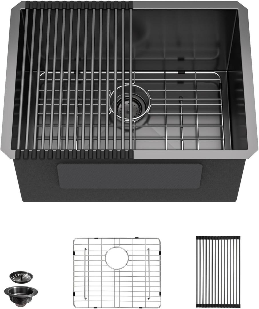 24 Undermount Laundry Sink - Fulorni 24"x18" Laundry Utility Room Sink Gunmetal Black NANO-PVD 16 Gauge 304 Stainless Steel 12 Inch Deep Single Bowl Under Counter Basin