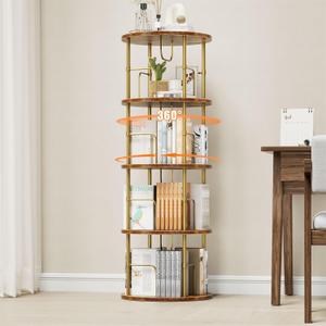 Rotating Bookshelf, 4 Tier Spinning Bookshelf Tower, 360 Display Unique Round Bookcase, Floor Standing Corner Revolving Bookshelf Storage Organizer for Small Spaces, Home Study Office, Gold
