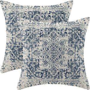 Boho Pillow Covers 16x16 Set of 2, Ethnic Design Decorative Throw Pillows Linen Blue Carpet Pattern Farmhouse Cushion Pillow Covers for Sofa Couch Outdoor Decor