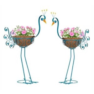 SUNREEK Set of 2 Blue Peacock Outdoor Planters with Basket, Metal Peacock Planter for Indoor Outdoor Garden Yard Decor, Blue
