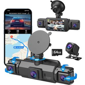 4 Channel Dash Cam, Front and Rear, 360 Dash Camera for Cars, 1080P FHD x4, Front 2K+1080P*2 Inside Camera, Built-in WiFi, GPS, Night Vision, 24/7 Recording Parking Mode Monitor, Free 64G Card