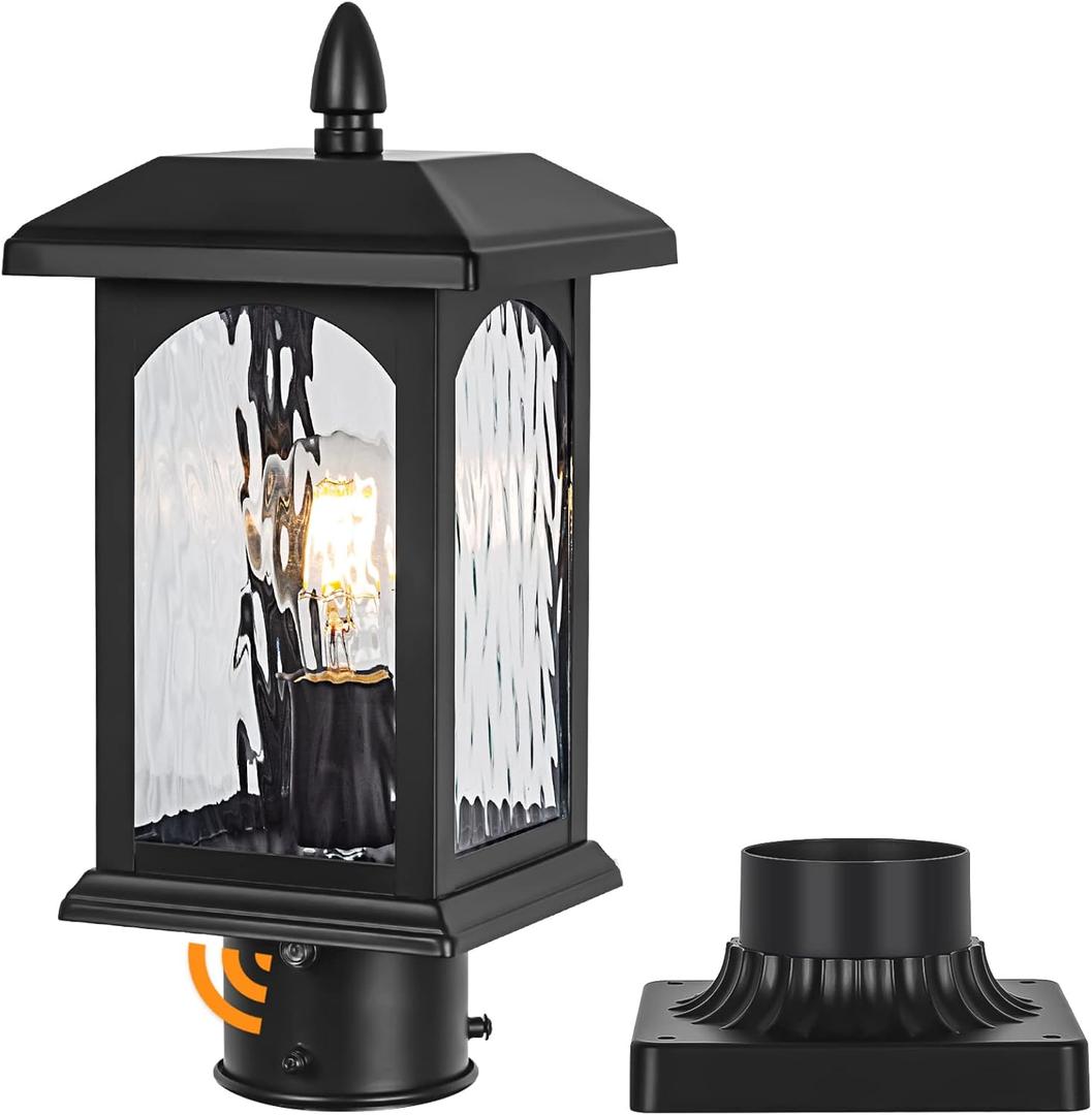 Dusk to Dawn Outdoor Post Light Fixture with Pier Mount Base - Waterproof Pole Outdoor Lighting, Modern Black Pillar Lantern Outside with Tempered Rippled Glass for Pathway, Garden, Patio, Anti-Rust (Black-1-PACK)