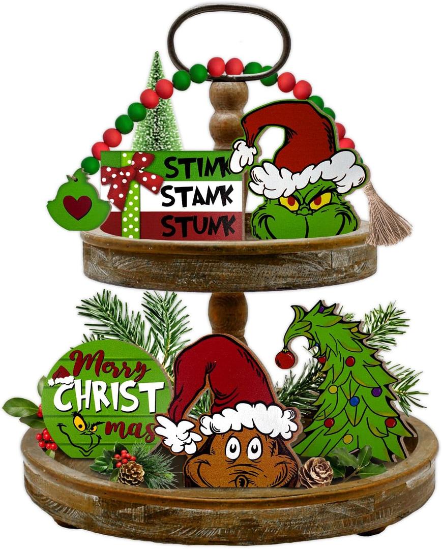 Christmas Tiered Tray Decor, Merry Christmas Tray Decorations, Christmas Tree Max Stink Stank Stunk Wooden Signs Beads Garland, Xmas Holiday Home Decor for Tabletop Shelf Party Mantel