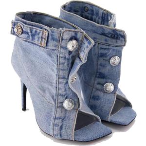 THESHY Women's Peep Toe Stiletto High Heel Ankle Denim Boots Metal Button Sandals Bootie Fashion Shoes for Women (4, Blue)