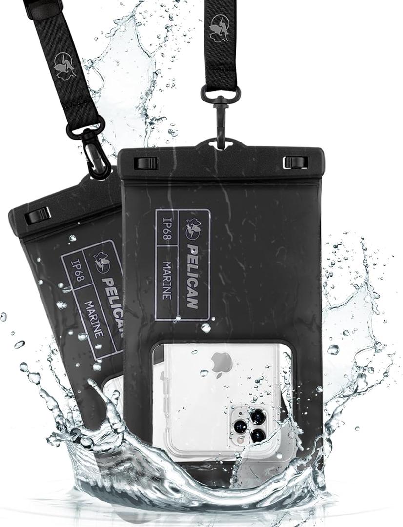 Pelican 2 Pack Marine - IP68 Waterproof Phone Pouch (XL Size) Floating Waterproof Phone Case - Beach Cruise Ship Travel Essentials - Works with All Phones - Detachable Lanyard - Stealth Black