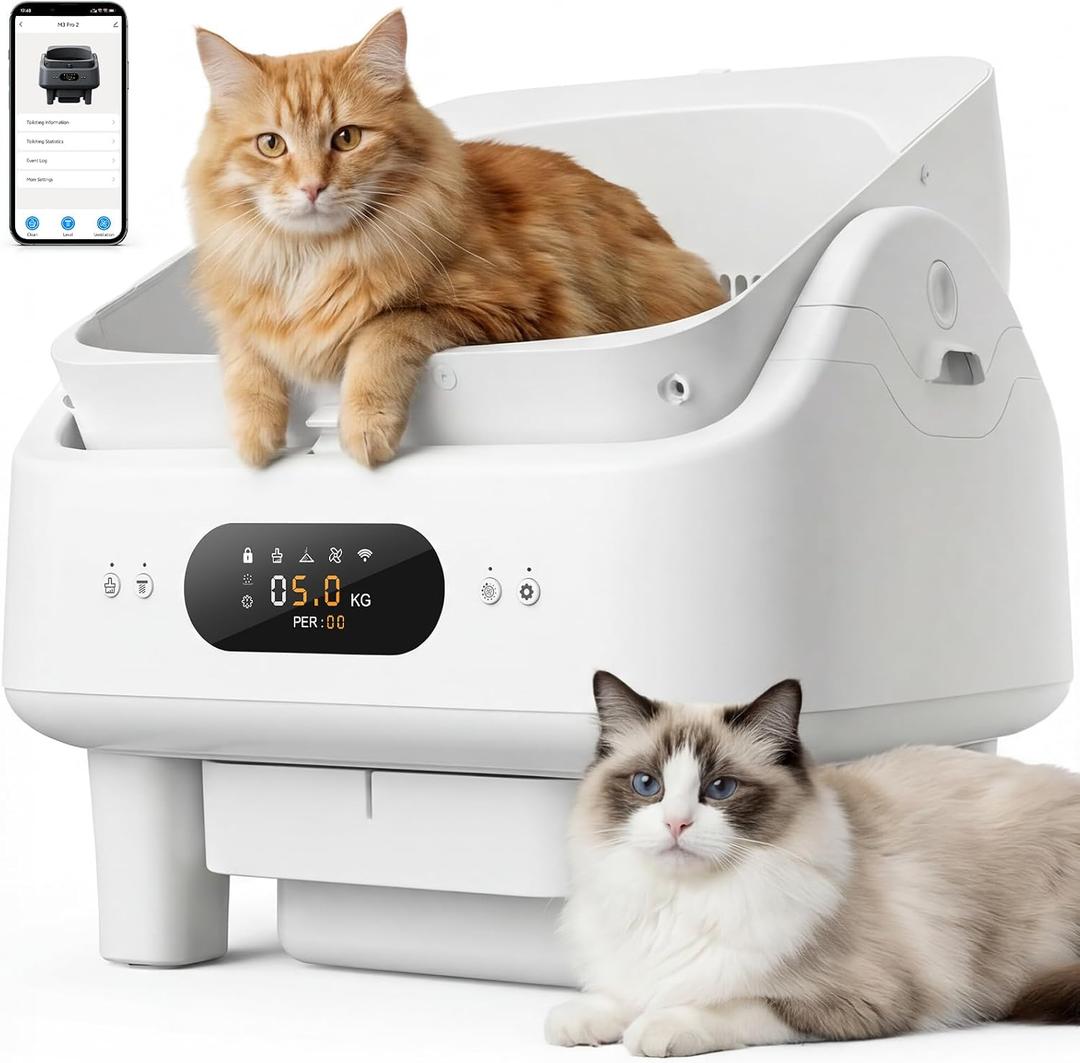 Self Cleaning Cat Litter Box, Smart Automatic Litter Box Anti-Pinch, 10 Safety Sensors, 6“ LED, Large Litter Boxs for Multiple Cats, 5G & 2.4G WiFi, 10-Roll Trash Bag, Cat Stair, Litter Map, White