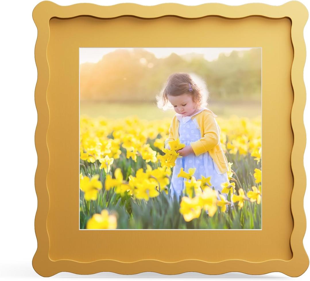 10x10 Picture Frame with Mat for 8x8, Wavy Edge Wooden Real Glass Photo Frame for Tabletop and Wall Hanging, Yellow, 1 Pack