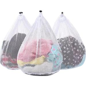 3Pcs Mesh Laundry Bags Washing Machine Mesh Wash Bags Jumbo for Delicates Clothes,Bed Linen,Toys with Drawstring Closure Sturdy(3 XXLarge 28 x 26 Inches) (White)