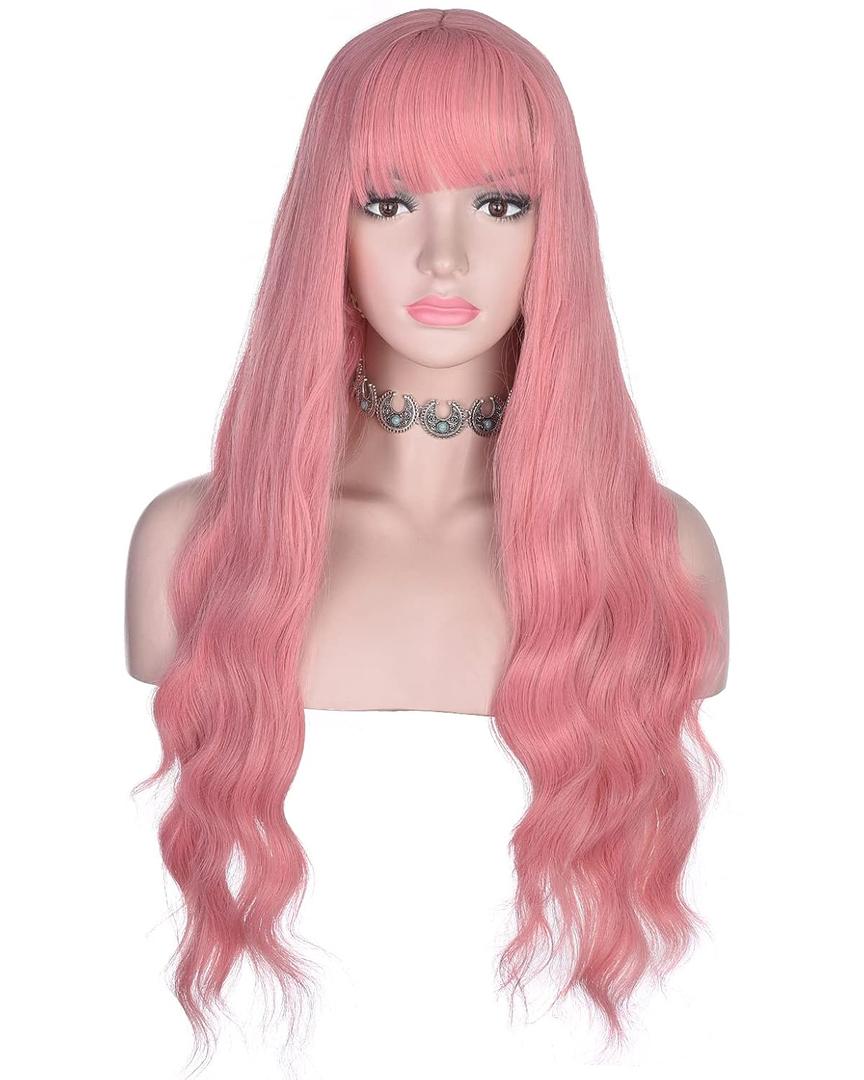 Long Wavy Pink Wig with Bangs for Women Heat Resistant Synthetic Hair Wigs for Daily, Cosplay Events (Pink)