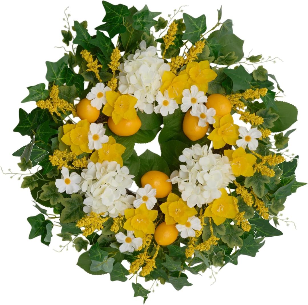 24 Inch Artificial Lemon Wreath for Front Door Yellow Daffodils, White Hydrangeas, Green Leaves with Wheat Stalks Spring Summer Wreath for Wall, Window, Party Decor