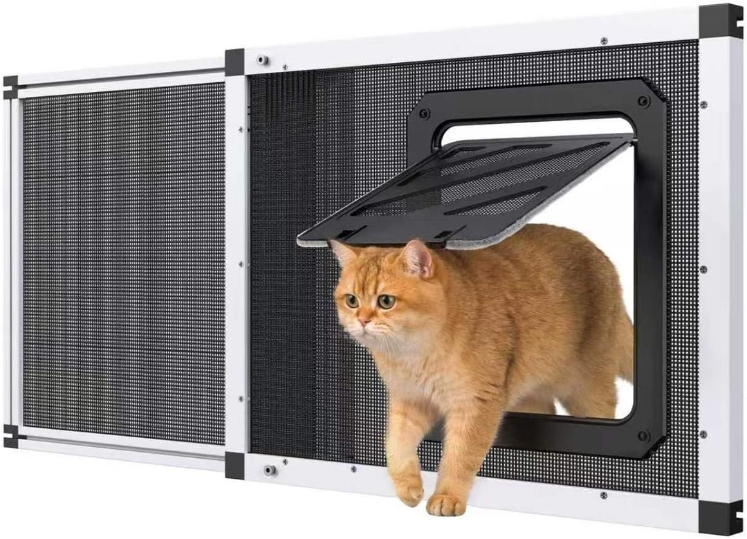 Bug-Proof Screen Cat Door for Window,28.5"-32" Adjustable Width,1-Min Install | Stainless Steel Mesh + Aluminum Frame | Ventilated | Magnetic Closure Sliding Pet Door Window Insert for Cats