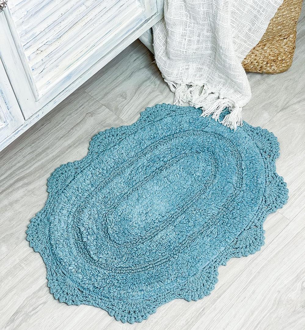 Chardin home Aqua Blue Crochet Bathrug, 100% Cotton Oval bathmat with artisanally Handcrafted Crochet Border, 17x24 Inch Oval tubmat, Small Rug, Perfect for Half Baths, Powder Rooms, bathrooms