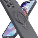 Magnetic Stand for iPhone 15 Pro, Liquid Silicone, [Compatible with MagSafe][Built-in Kickstand&Ring Holder] Anti-Scratch Soft Microfiber Lining, Gray