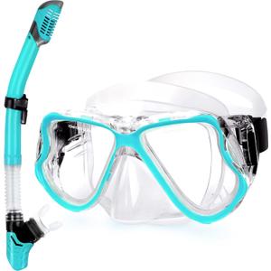 Greatever Dry Snorkel Set,Panoramic Wide View Anti-Fog Scuba Diving Mask,Professional Snorkeling Gear for Adults Kids (Large, Green)