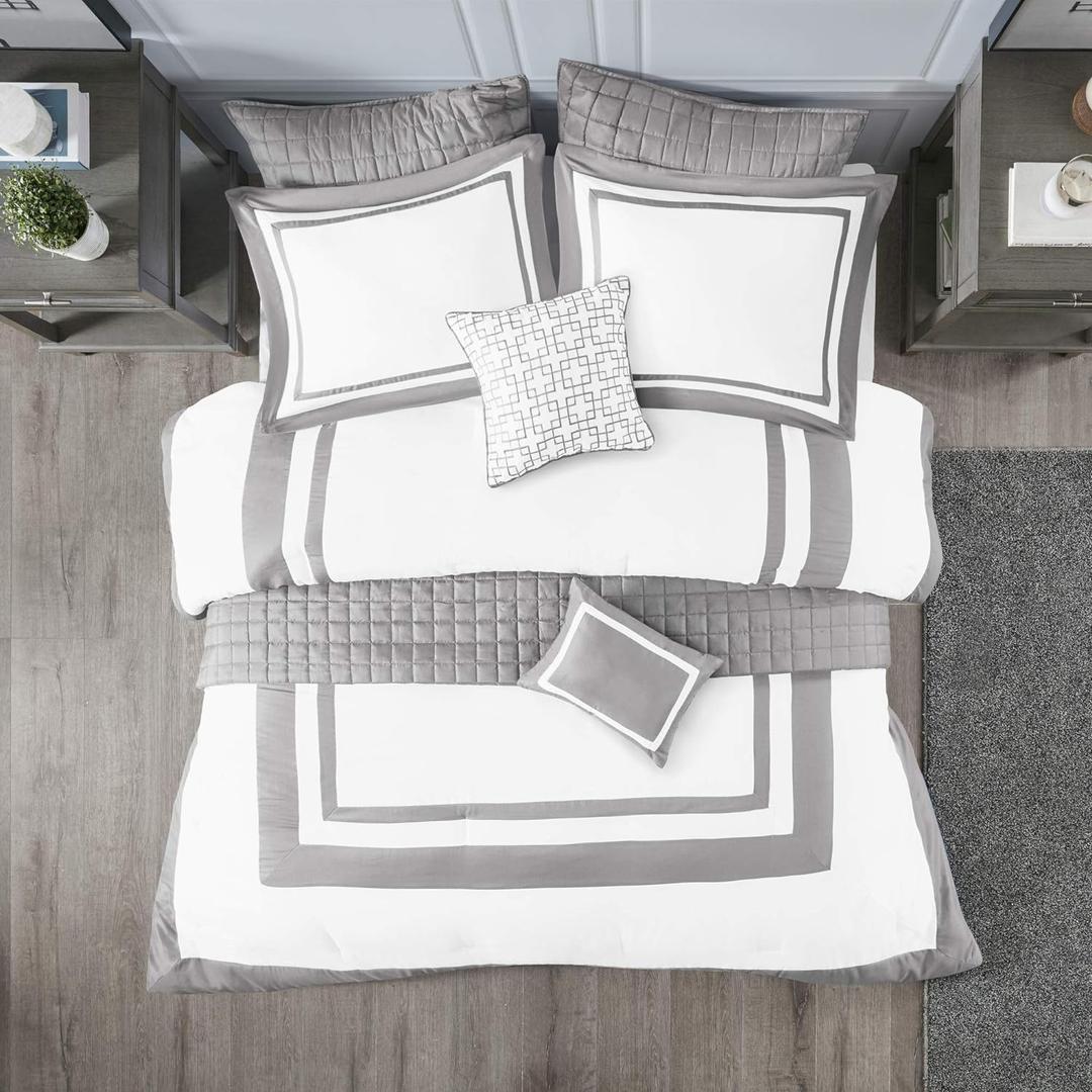 Madison Park Heritage Comforter Quilt Combo Set - Modern Luxury Design, All Season Down Alternative Bedding, Matching Shams, Decorative Pillows, King/Cal King(104"x92"), Color Block Grey 8 Piece (Heritage Color Block Grey)